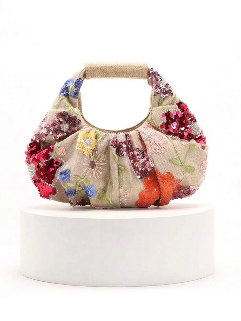 NEW Sequin Floral Embroidered Beige Shoulder Bag